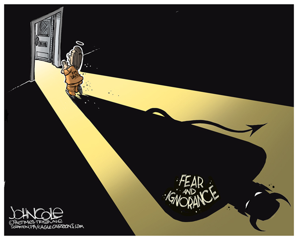 Kim Davis piously entering cell with her hands folded and her imagined halo while casting shadow of Satan labeled