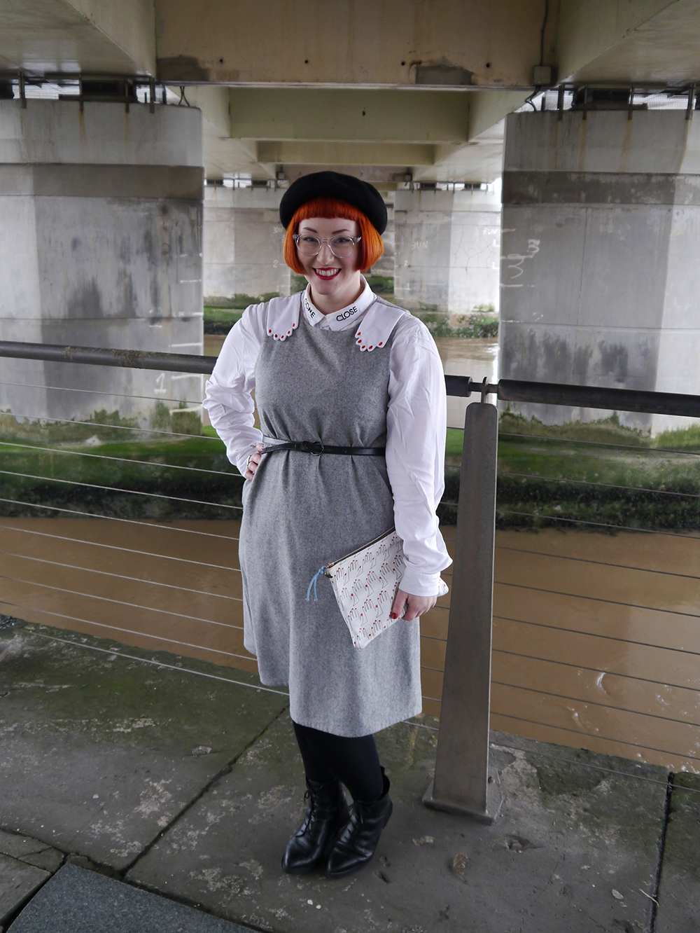 Scottish blogger, red head, ginger hair, pinafore, school style, The Whitepepper hand dress, white Monki come close shirt, black beret, clear Iolla glasses, hand print clutch bag, Falconwright printed leather clutch bag, Ted & Muffy black pointed boots, Cheap Frills best friend necklace, best withces, silver hand rings