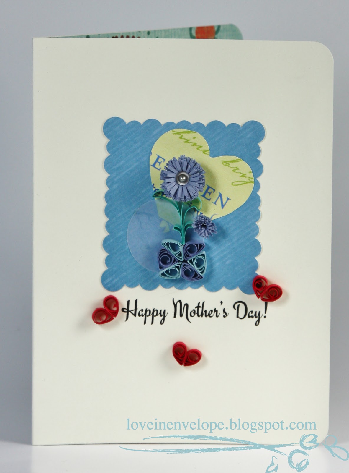Love in Envelope Mother's Day CardBlue Quilled Potted Flowers and Hearts