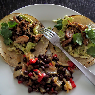 Simple Chicken Tacos and Black Beans:  A very simple dinner using leftover chicken for tacos and a quick black bean side dish.