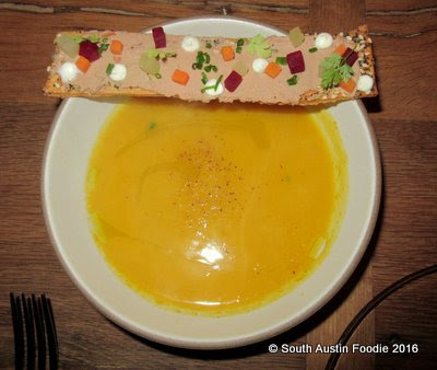 Cafe No Se -- butternut squash soup with chicken liver mousse flat bread