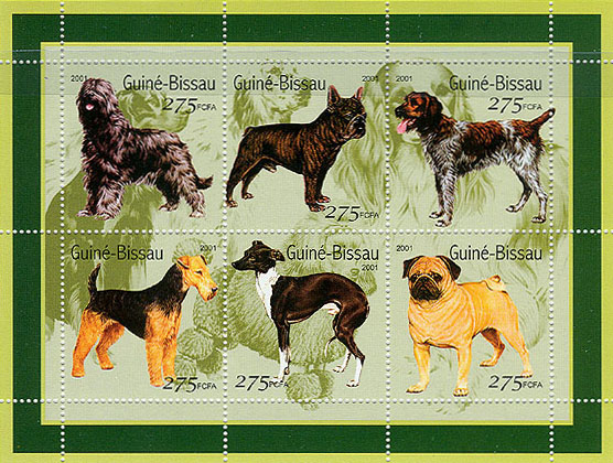 2001年ギニアビサウ共和国　ブリアード　フレンチ・ブルドッグ　ジャーマン・ポインター ウェルシュ・テリア　イタリアン・グレーハウンド　パグの切手シート