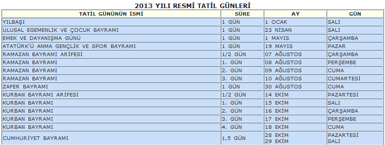 site tanitimi resmi tatiller takvimi 2013