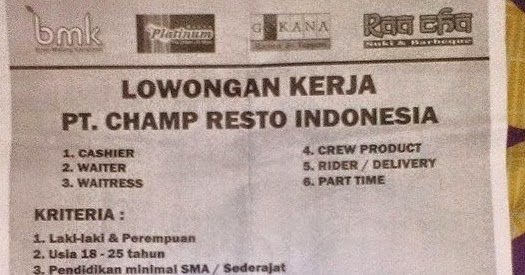 Portal Info Lowongan Kerja Lowongan Kerja Pt Champ Resto Indonesia Jakarta Bandung Champ Group