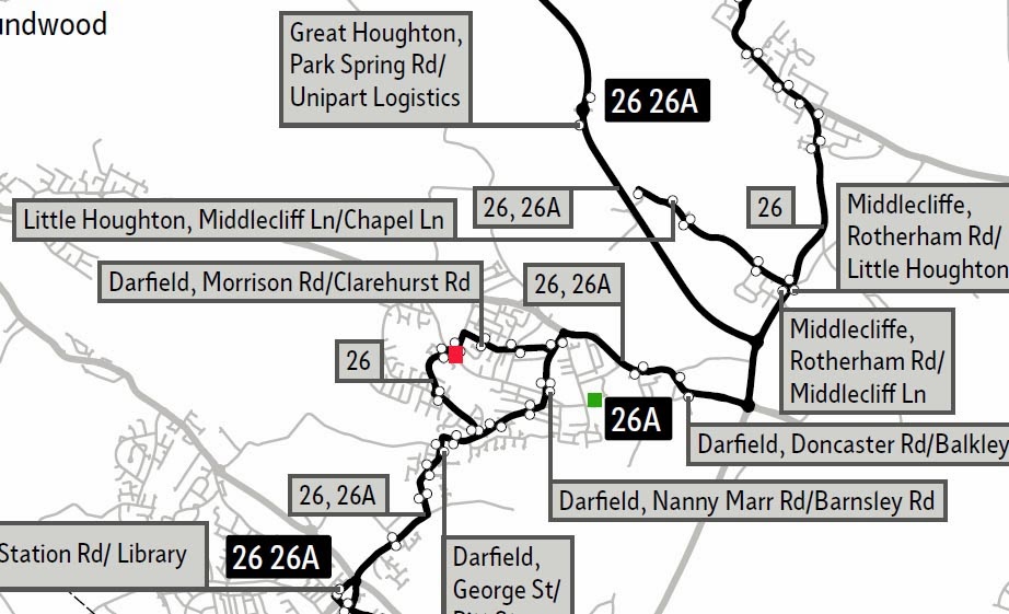 A map of Darfield overlaid by bus rout information and labels for stops, my destination, the church is indicated by a green square the place I got off the bus by a red square.