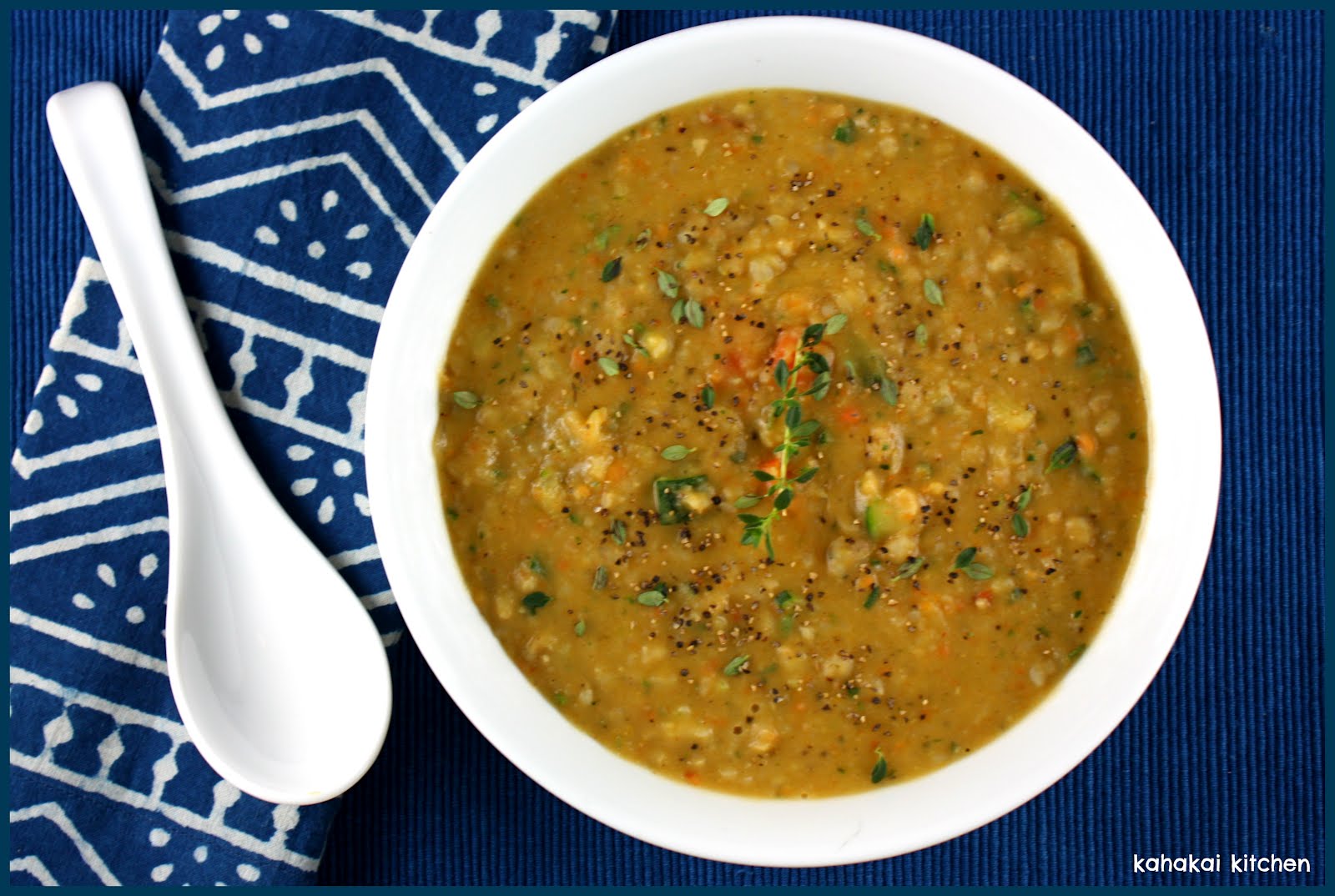 Kahakai Kitchen Smashed Pea and Barley Soup with Zucchini for Souper