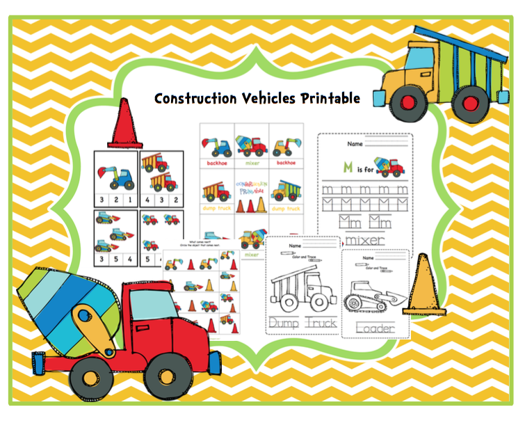 Preschool Bundle Construction Vehicles Preschool Printables