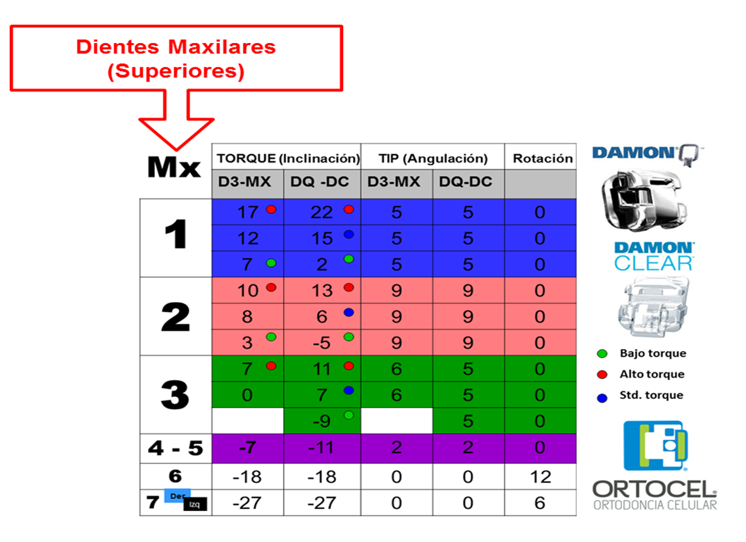 ORTOCEL Tabla de prescripción de los brackets DAMON.