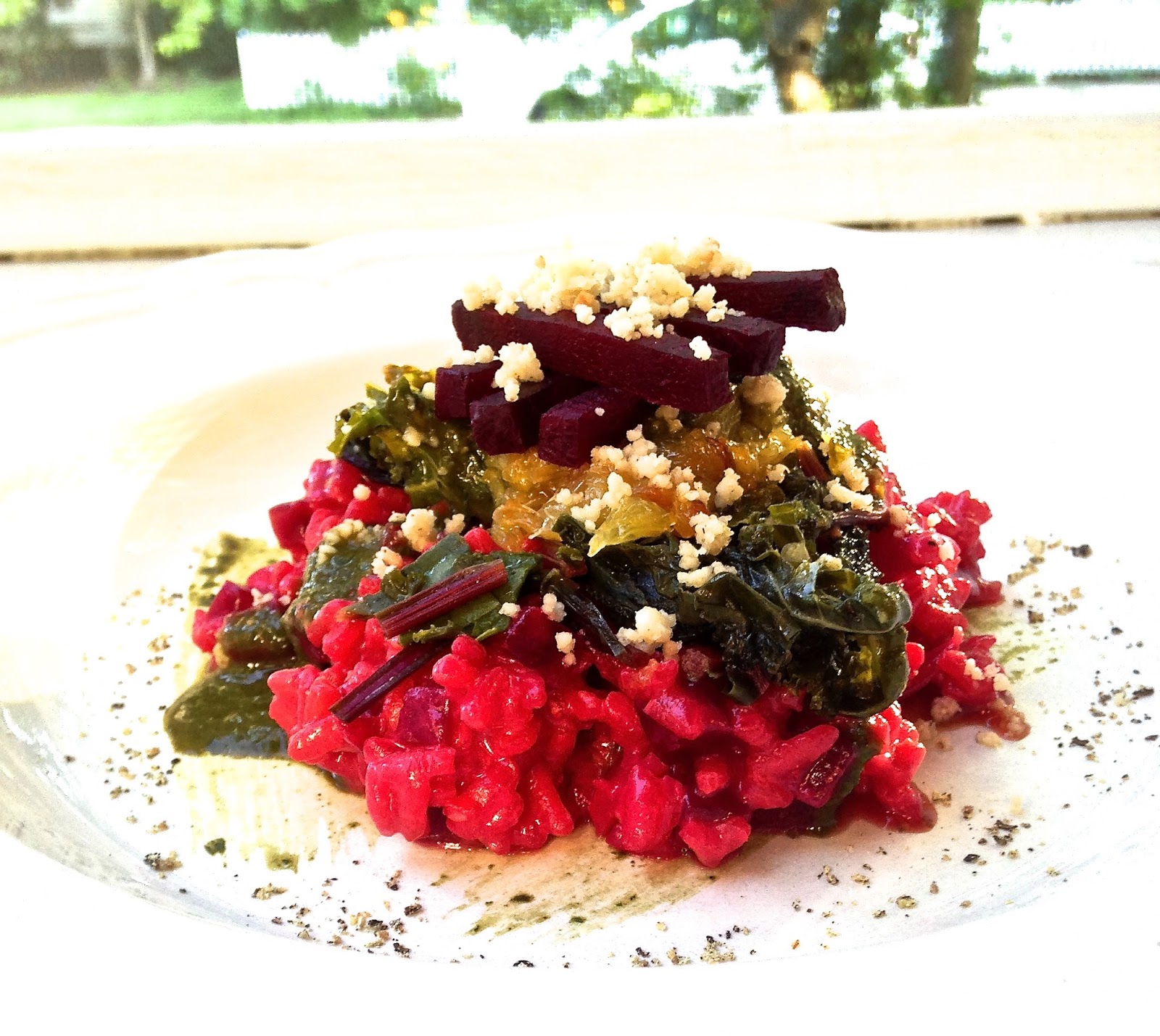 Beetroot Risotto with Pesto, Orange, and Beetgreens (GF) Assaggiare