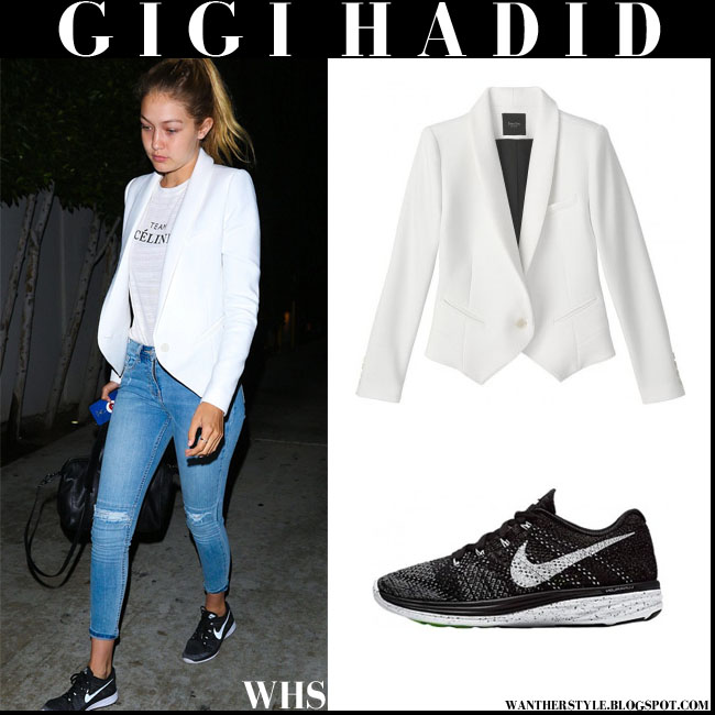 Gigi Hadid in white Smythe blazer with black Nike Flyknit sneakers at