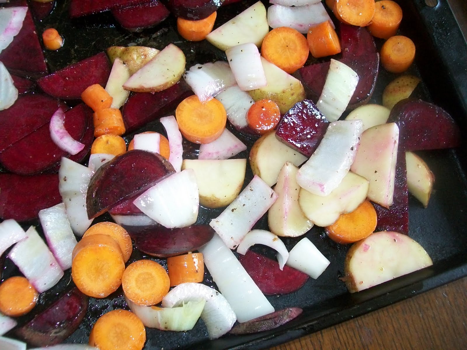 Michigan Cottage Cook ROASTED BEETS WITH CARROTS, POTATOES AND ONION