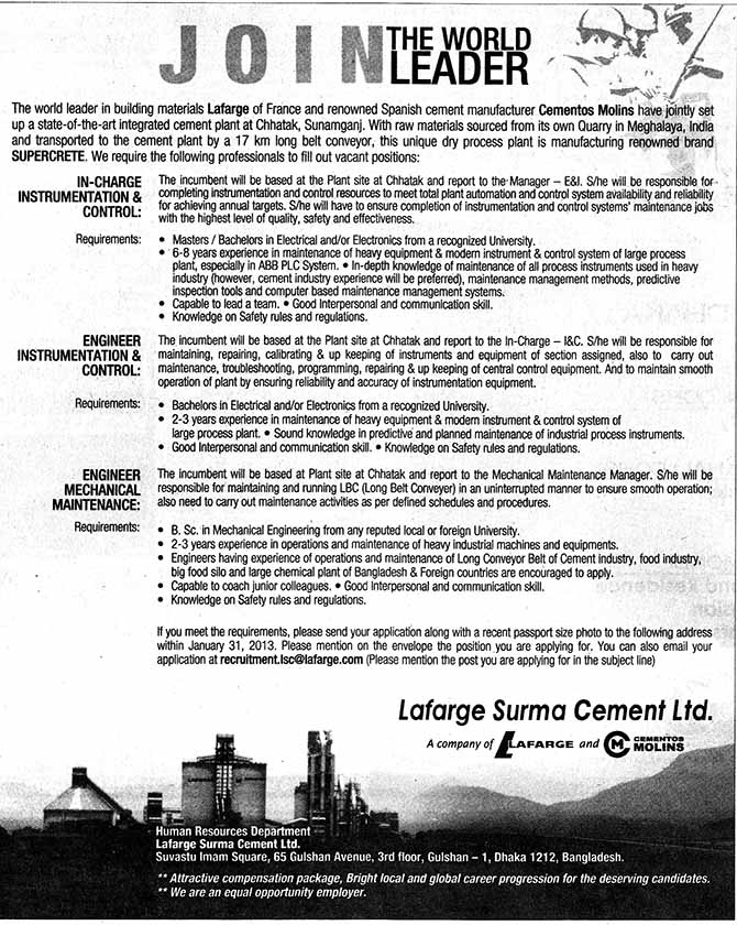 Jobs Barta Lafarge Surma Cement Ltd Bangladesh Jobs Circular, Post In