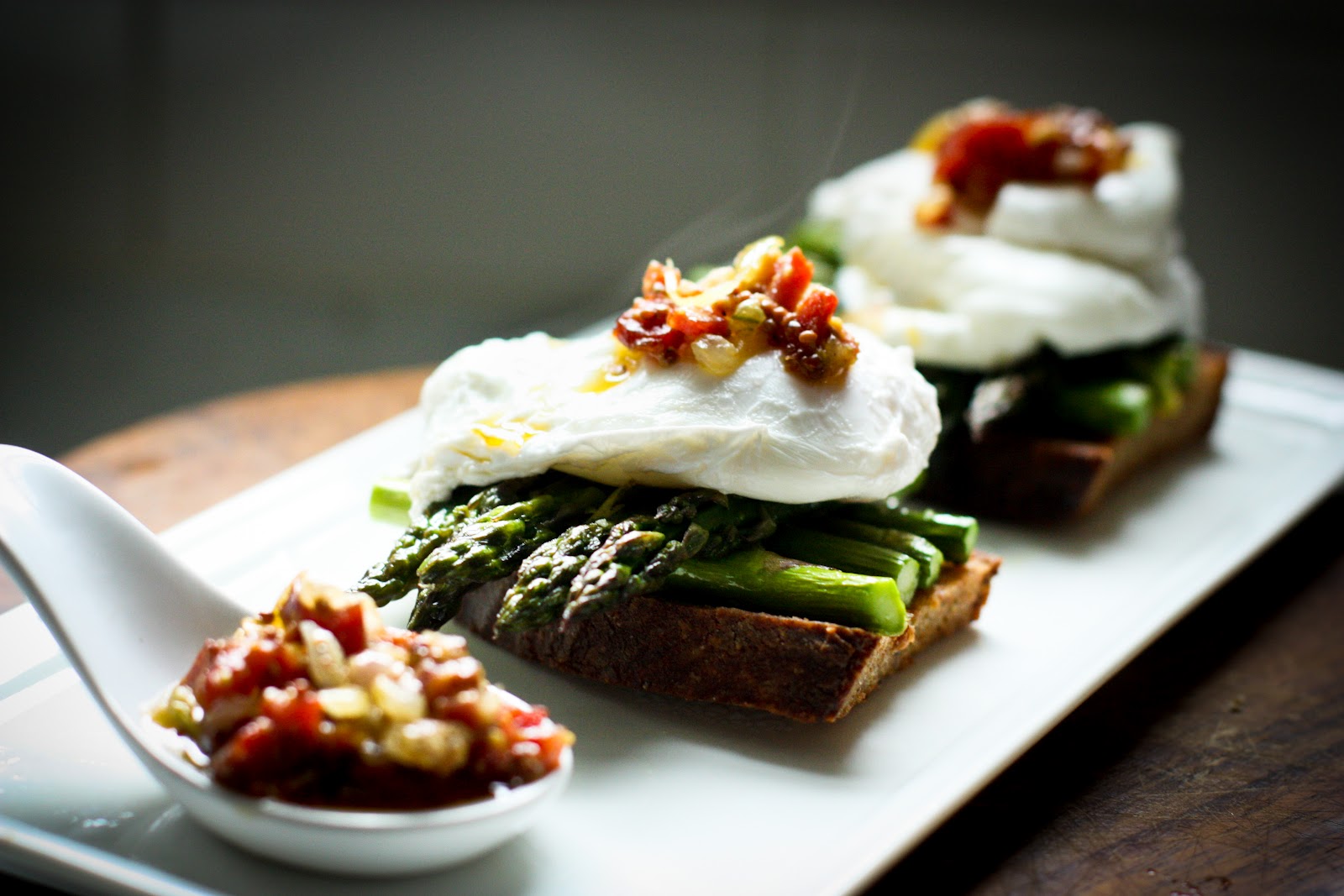 Asparagus on Toast with Poached Egg and Warm Bacon Vinaigrette