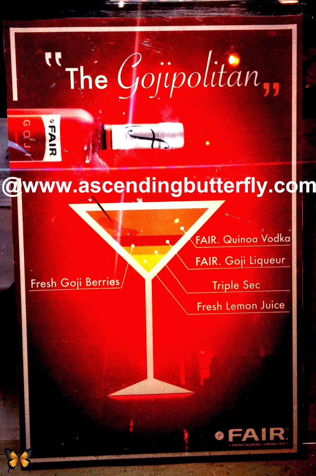 The Gojipolitan Cocktail includes Fresh Goji Berries, FAIR Quinoa Vodka, FAIR Goji Liquer, Triple Sec and Fresh Lemon Juice, The Gojipolitan Cocktail includes Fresh Goji Berries, FAIR Quinoa Vodka, FAIR Goji Liquer, Triple Sec and Fresh Lemon Juice,