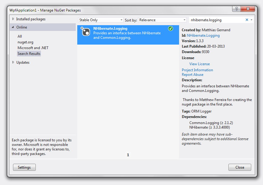 NuGet Nhibernate.Logging