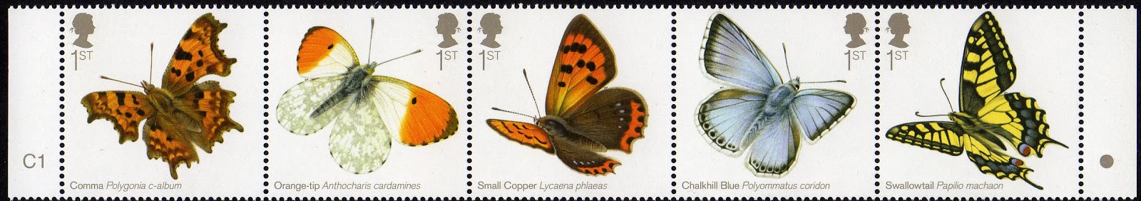 Strip of 5 butterfly stamps.