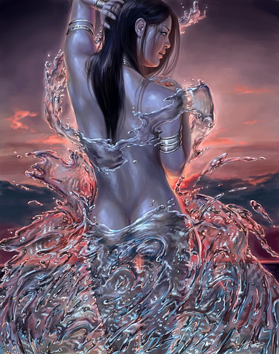 illustration de LaVata E. O'neal représentant une femme nue de dos mouillée par des projections d'eau 