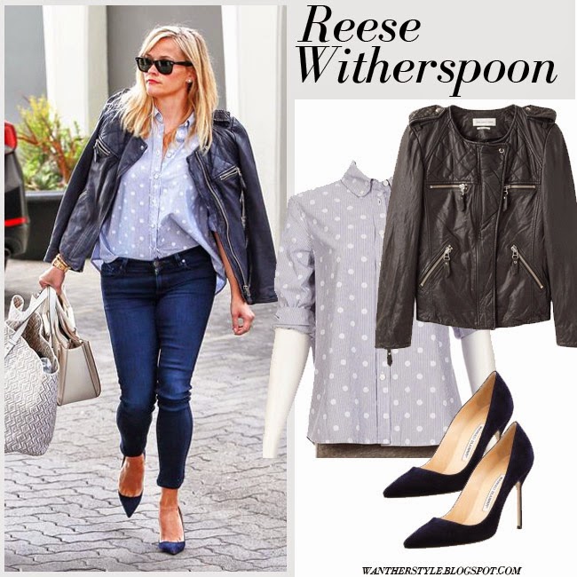 April 2018 I Want Her Style What Celebrities Wore And Where To Reese Witherspoon In Dark Navy Leather Jacket Isabel Marant Kady Grey Polka Dot Shirt The