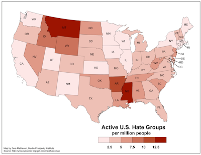 Map of US states with Montana and Mississippi highlighted as having the most hate groups