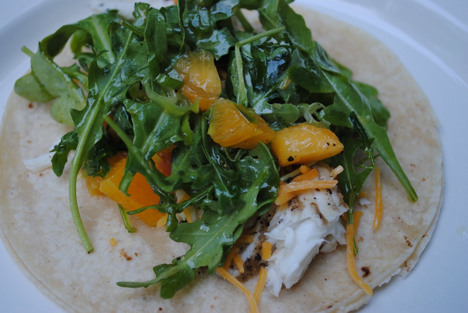Week Night Yum Yum Fish Tacos with CitrusPeach Salsa and Arugula