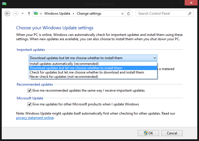disable automatic updates windows 8