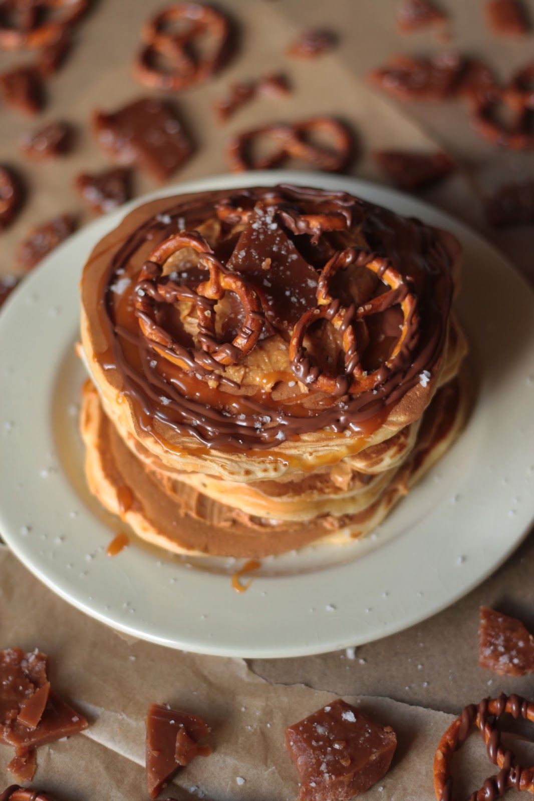 Pancake Stories Salty Caramel Pancakes with Chocolate Pretzels and