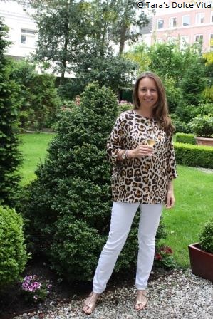leopard print top with white pants