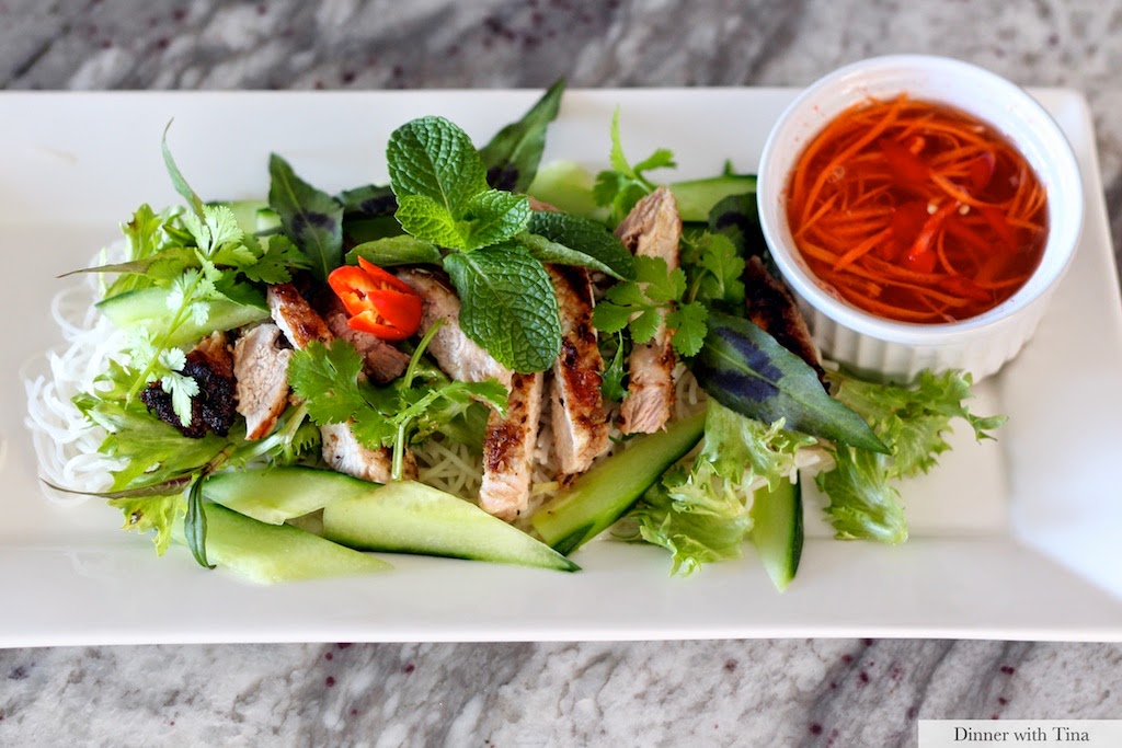 Lemongrass pork chops with vermicelli noodles and a Vietnamese dipping
