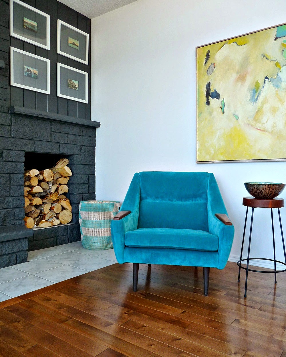 Dark Grey Fireplace with Aqua Accents
