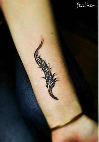 black feather tattoo on the arm