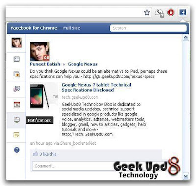 Facebook for Chrome Extension, Get notifications, post statuses, share links, checkin, like, comment Facebook for Chrome Extension, Get notifications, post statuses, share links, checkin, like, comment