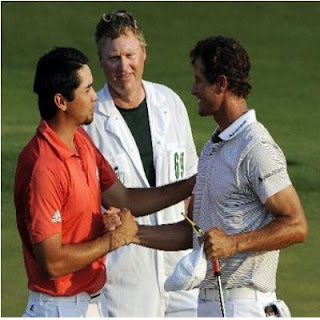 jason day  and adam scott shake hands after completing their third rounds at augusta national golf club sunday at the masters