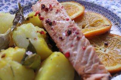 salmon with orange and pink peppercorns