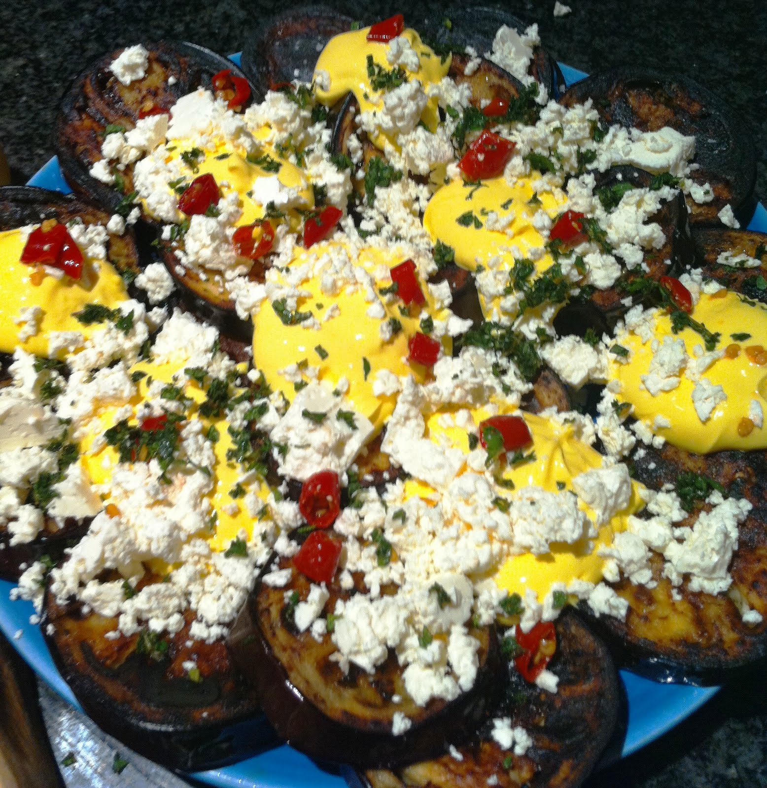 Sabrina's Passions RECIPE Aubergines with Feta Cheese and Saffron Yoghurt