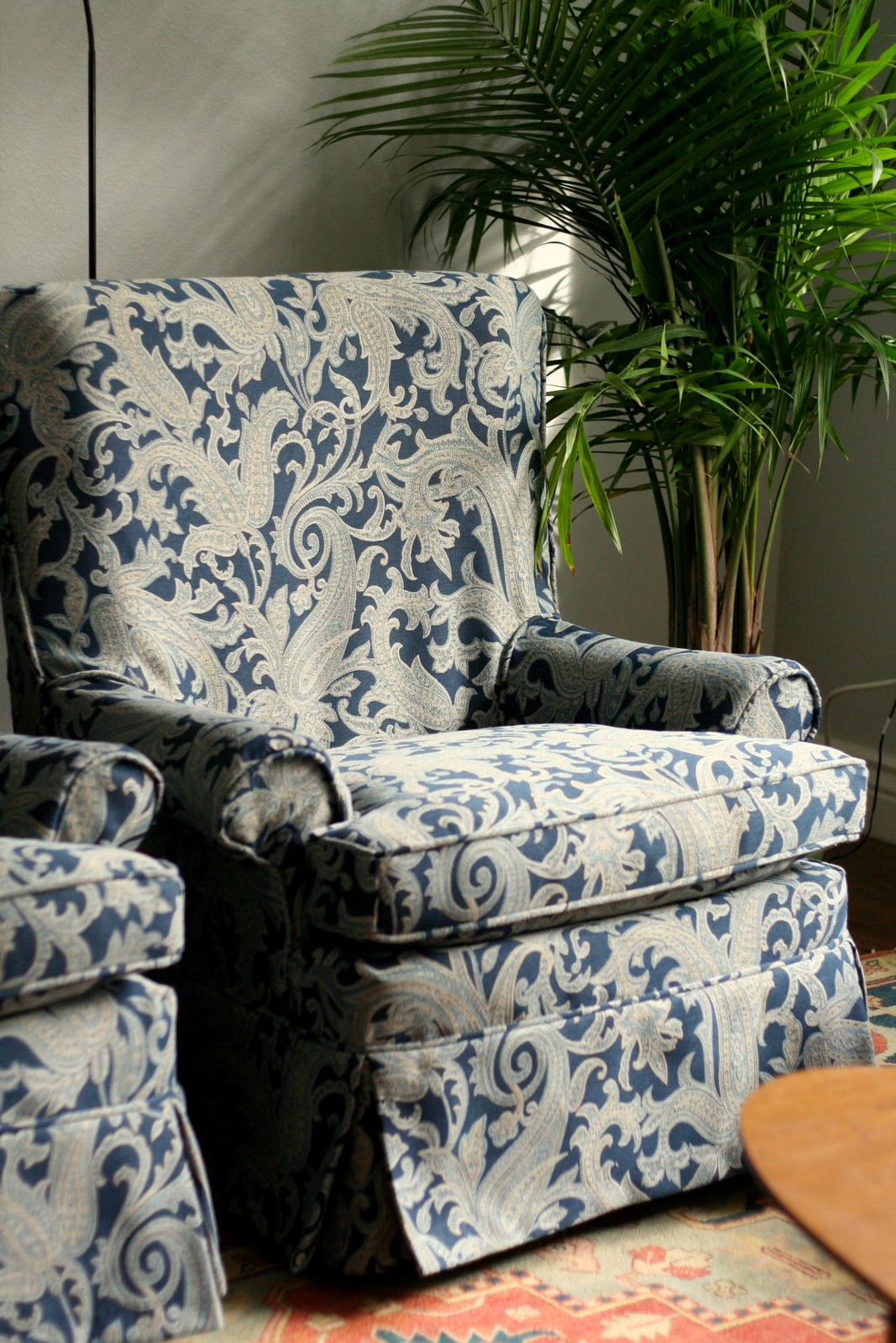 Custom Slipcovers by Shelley Blue Paisley Swivel Rocker Chairs