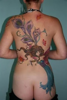Peacock Feathers and Fairy Angel Tattoo on Girls back body and butt