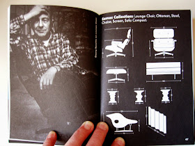 Inside of a vitra catalogue, showing measurements of Eames furniture.
