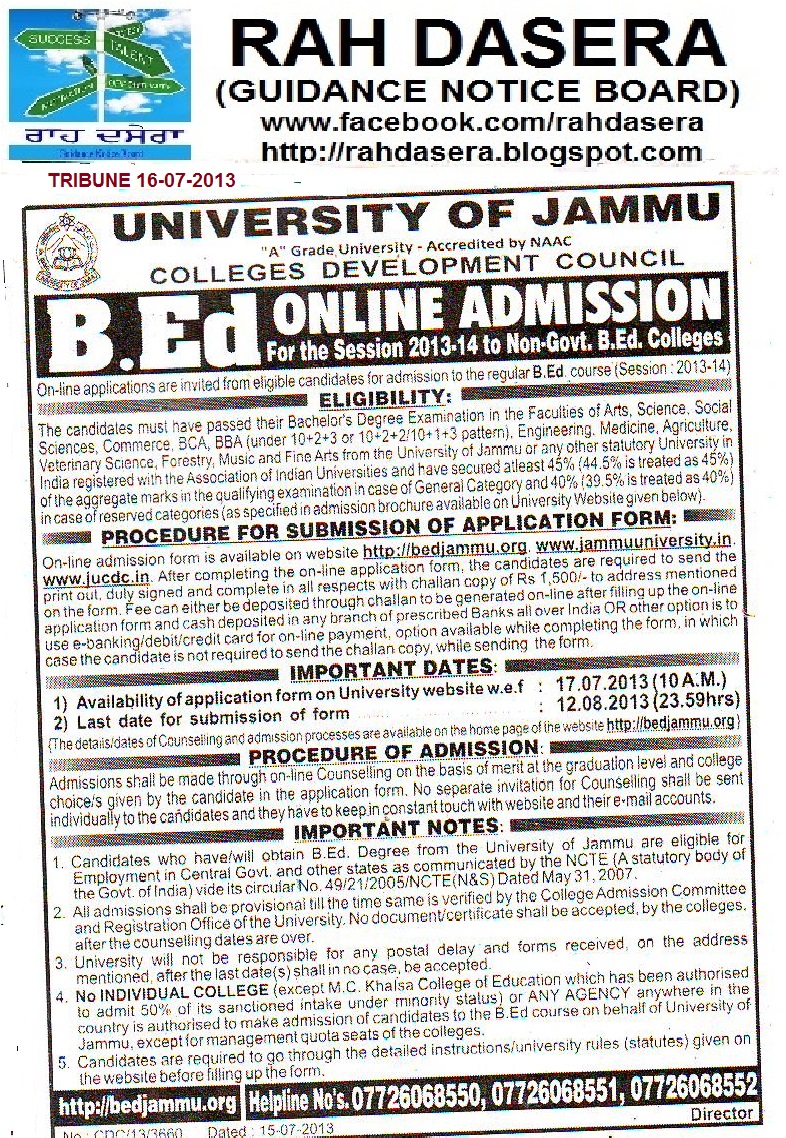 RAH DASERA UNIVERSITY OF JAMMU BED ONLINE ADMISSION,LAST DATE 12082013