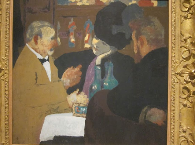Painting of 3 figures in a cafe