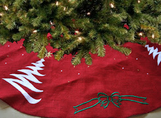  Exquisitely embroidered handcrafted red burlap tree skirt