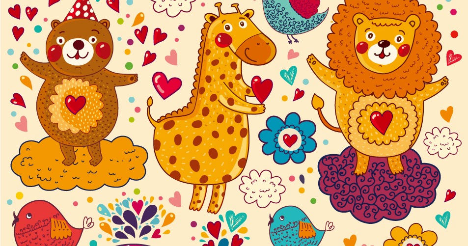 Free Vector がらくた素材庫 手書きの動物達の背景 Handpainted cartoon animals pattern イラスト素材