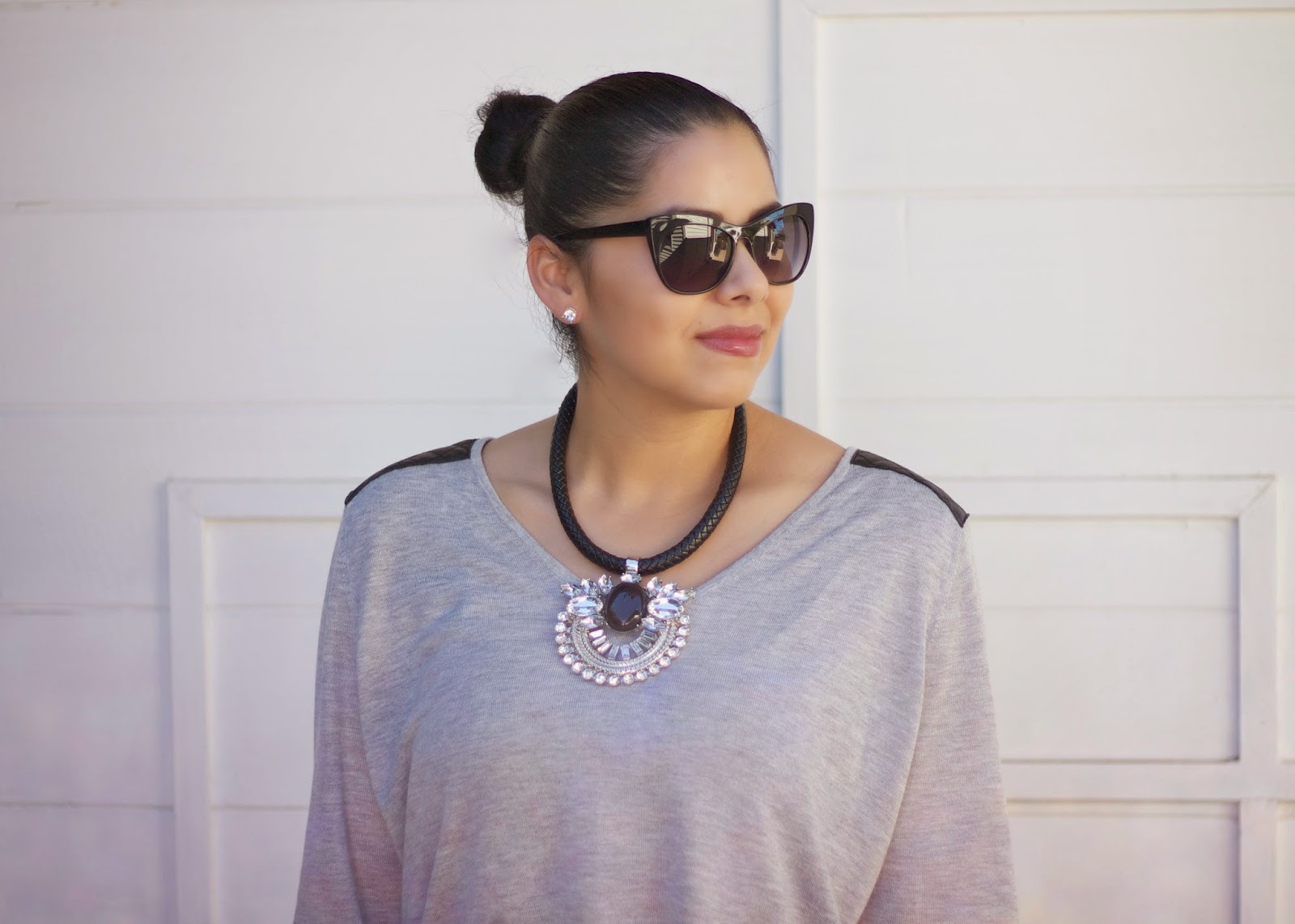 Lil Bits of Chic: Over the Knee Boots cateye sunnies, perfect cat eye sunglasses, cat eye sunglasses, statement necklace with pendant