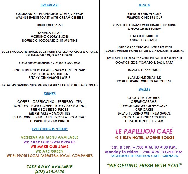 hello grenada, see you later america Le Papillion French Creole Cafe Restaurant Menu