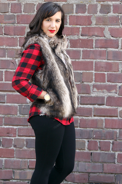 Buffalo Plaid Fall Outfit Faux Fur Vest under $100