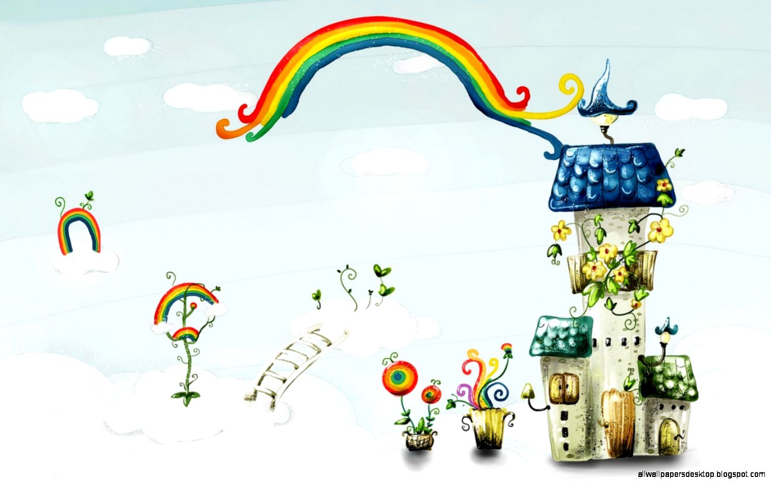 Fantasy Flowers Clouds Rainbow Houses Mood Hd Wallpaper