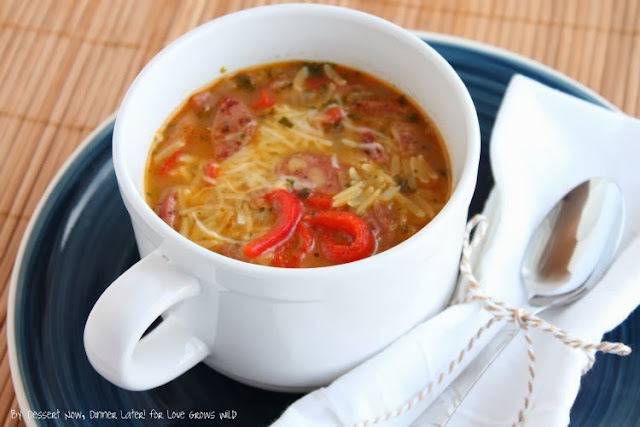 Roasted Red Pepper and Chicken Sausage Orzo Soup is a delicious and comforting meal idea your family will love!