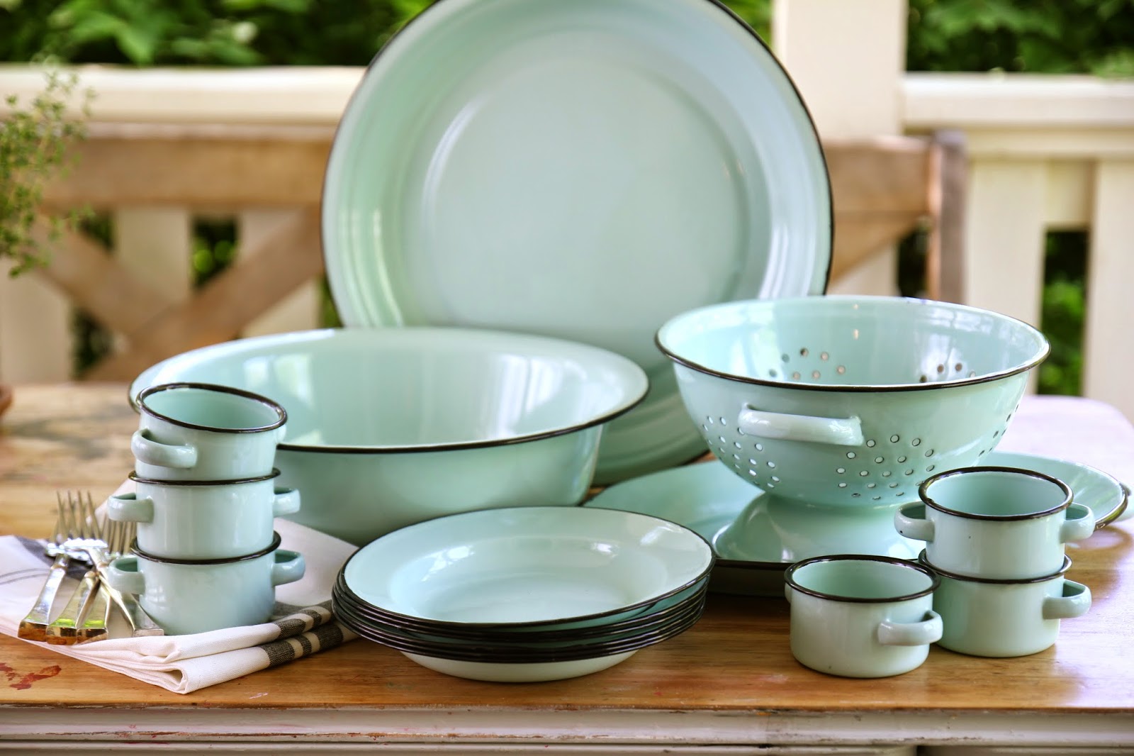 Summer Collection Tea Towels, Linen Pillows, Blue Enamelware, Herb