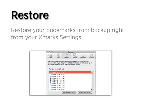 Restore screen in Xmarks Bookmark Sync