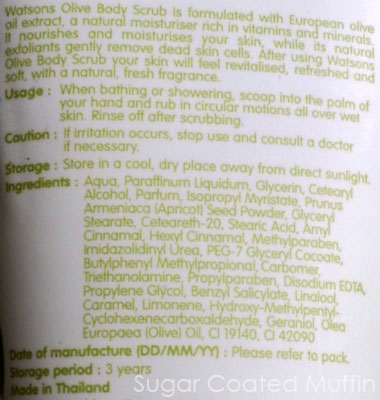 Watson's Olive Body Scrub ingredients list