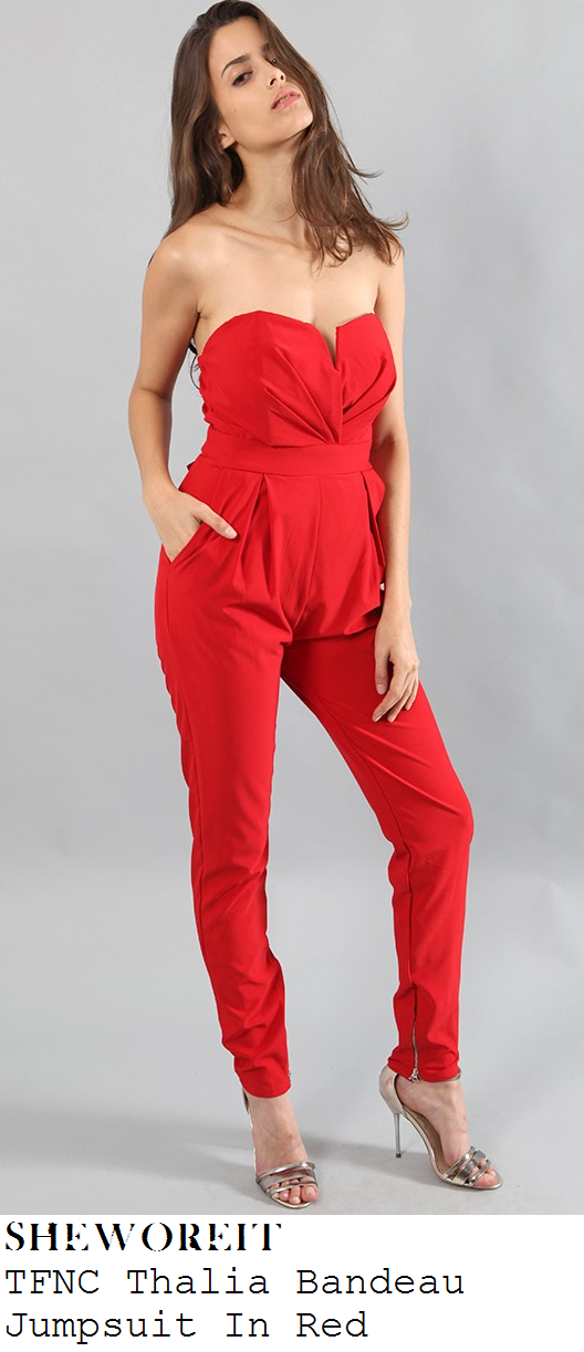 michelle-heaton-red-strapless-bandeau-cut-out-detail-bow-waist-jumpsuit-x-factor-studios